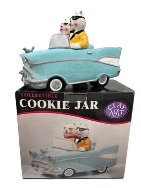 VTG 1997 Clay Art Collectible 1957 Chevy Cruisin’ Cats Ceramic Cookie Jar In Box